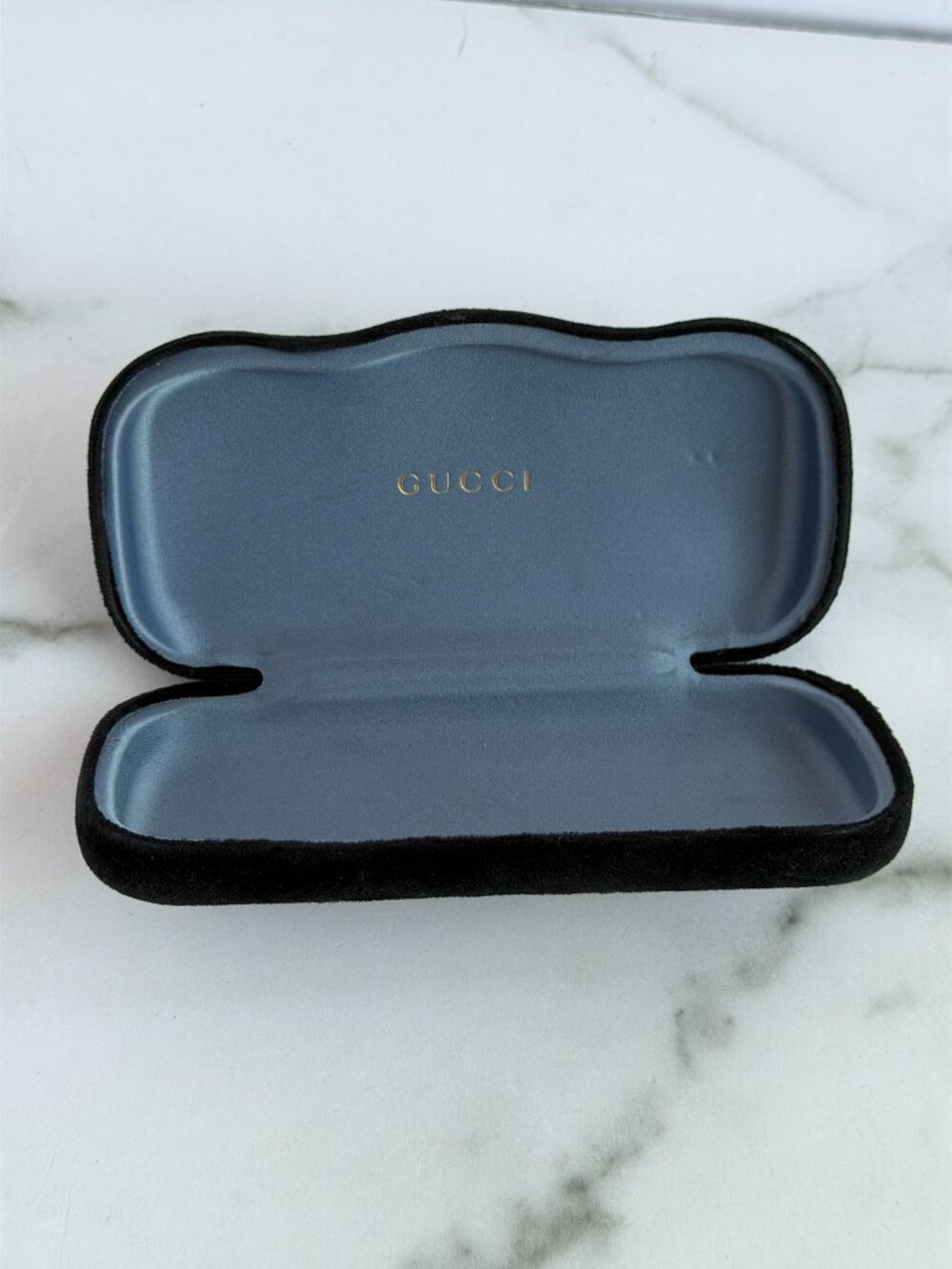 Gucci Black Velvet Eyeglasses Sunglasses Hard Case Gold Logo Authentic